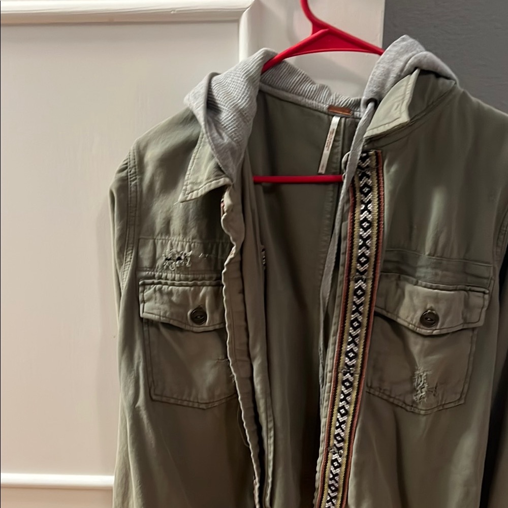 Free People Olive Green Hooded Jacket with Patterned Trim